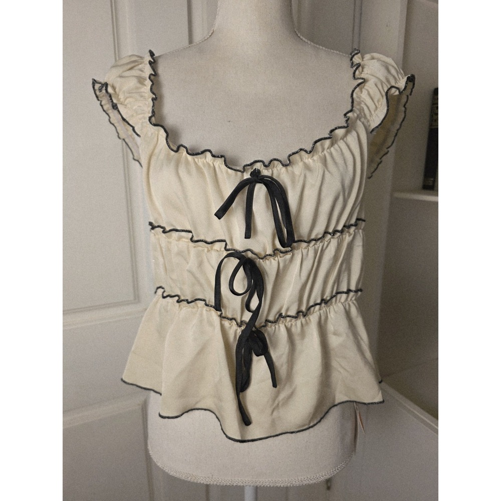 Cider XL Ruffle Milkmaid Crop Top Cream Black Contrast Bow Trim & Shoulder Ties